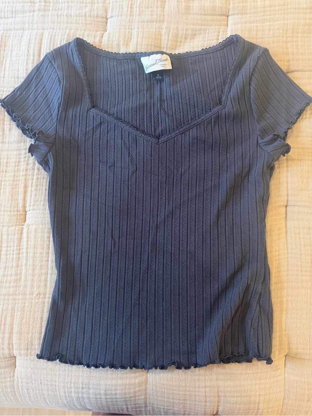 Universal thread pointelle knit Sweetheart neck line ribbed T-shirt capped tee